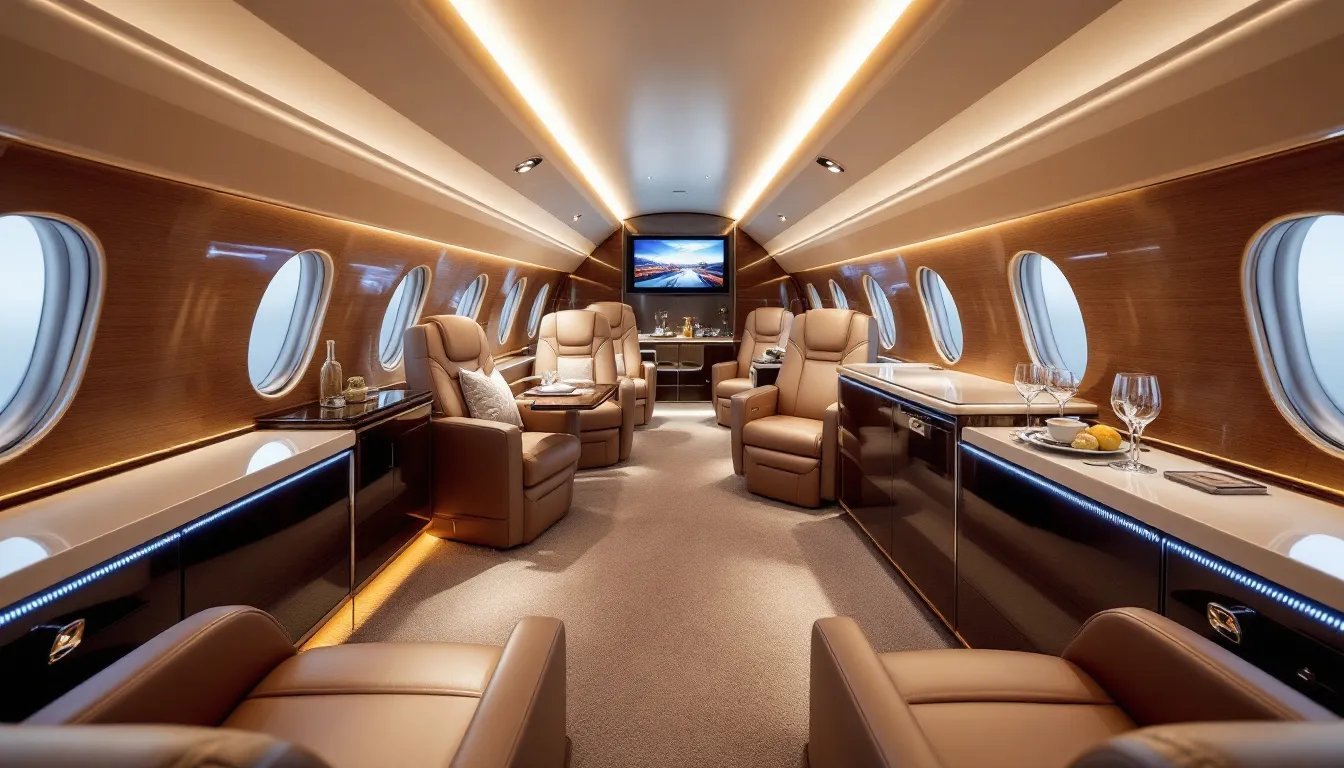 The image showcases the luxurious interior of a private jet, featuring plush seating and modern amenities designed for comfort and convenience. This elegant space reflects the high standards of private jet charters, offering an exclusive flying experience for clients traveling from busy airports like Murtala Muhammed International Airport in Nigeria.