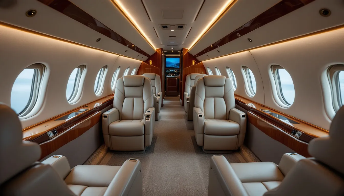 The image showcases the luxurious interior of a private jet, featuring spacious seating and an elegant cabin design that exudes comfort and sophistication. This opulent setting is ideal for private jet travelers seeking an exceptional flying experience.