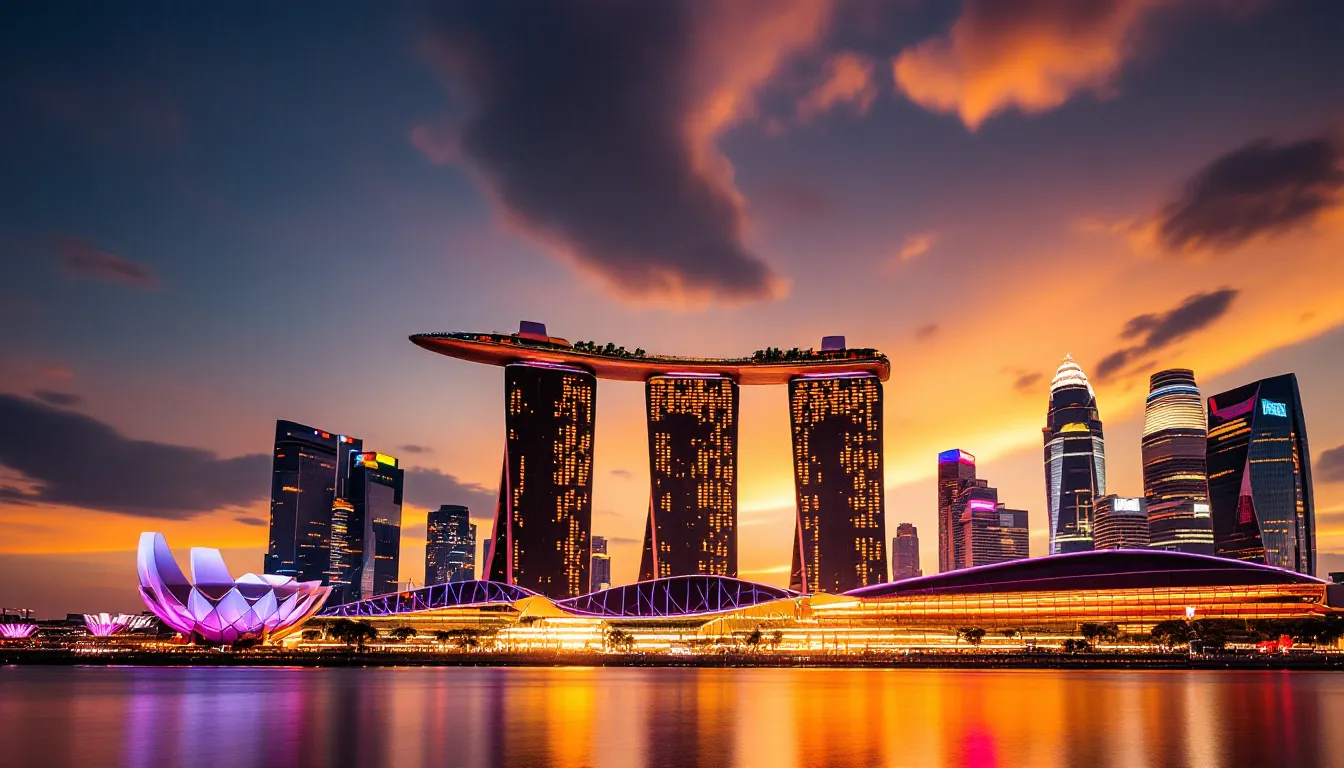 The image showcases the stunning Marina Bay skyline in Singapore at sunset, highlighting the iconic Marina Bay Sands and its futuristic architecture, with a vibrant sky casting a warm glow over the city. This scene represents the luxury and modernity of Singapore, a global hub for private aviation and exclusive travel experiences.