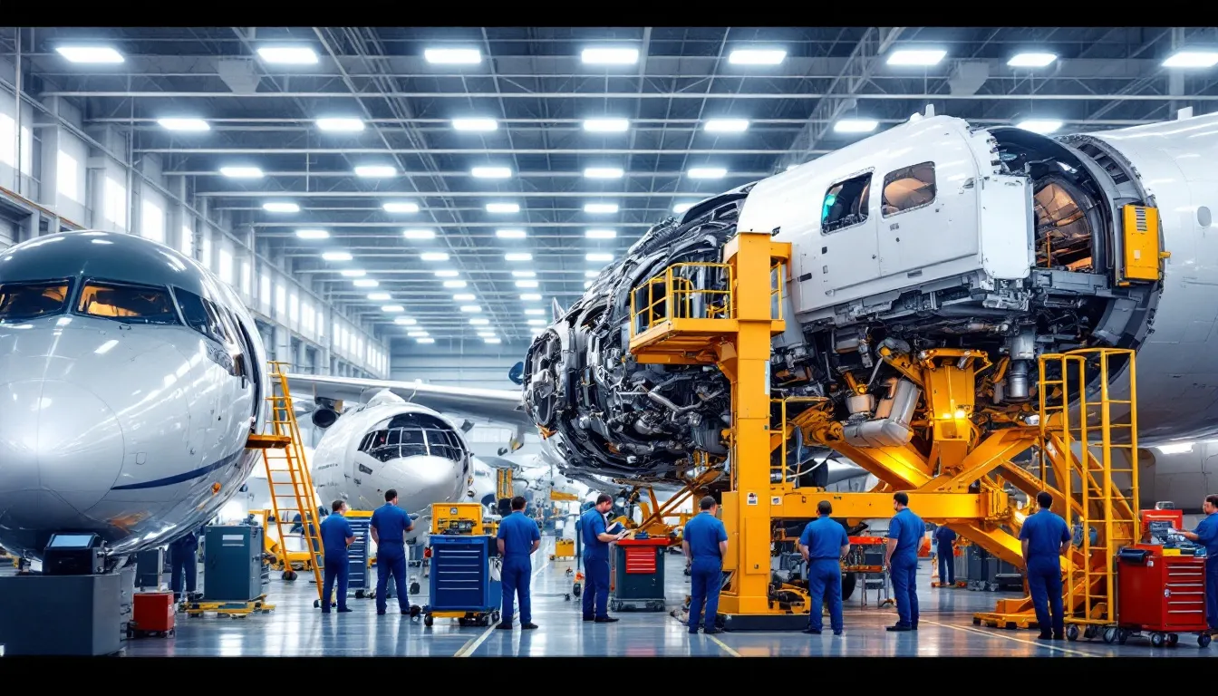 The image depicts a busy aircraft maintenance hangar, showcasing a team of experienced professionals working on various private jets. The scene highlights the complex maintenance requirements and operational expenses associated with private jet ownership, including routine checks and unexpected repairs that contribute to ongoing costs.