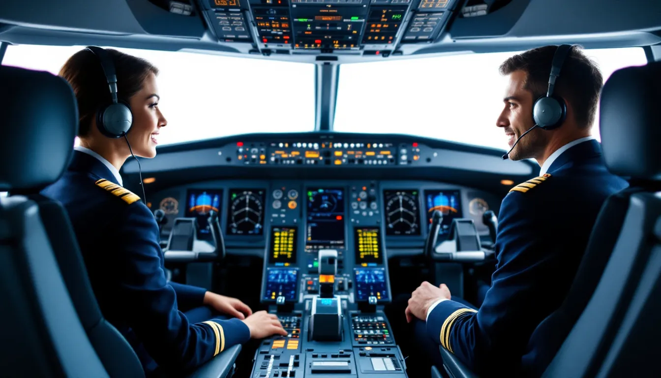 The image shows a professional pilot crew inside an aircraft cockpit, highlighting the personnel requirements for operating a private jet. The crew, consisting of pilots and flight attendants, demonstrates the teamwork necessary for private aviation, emphasizing the importance of experience and adherence to aviation regulations.