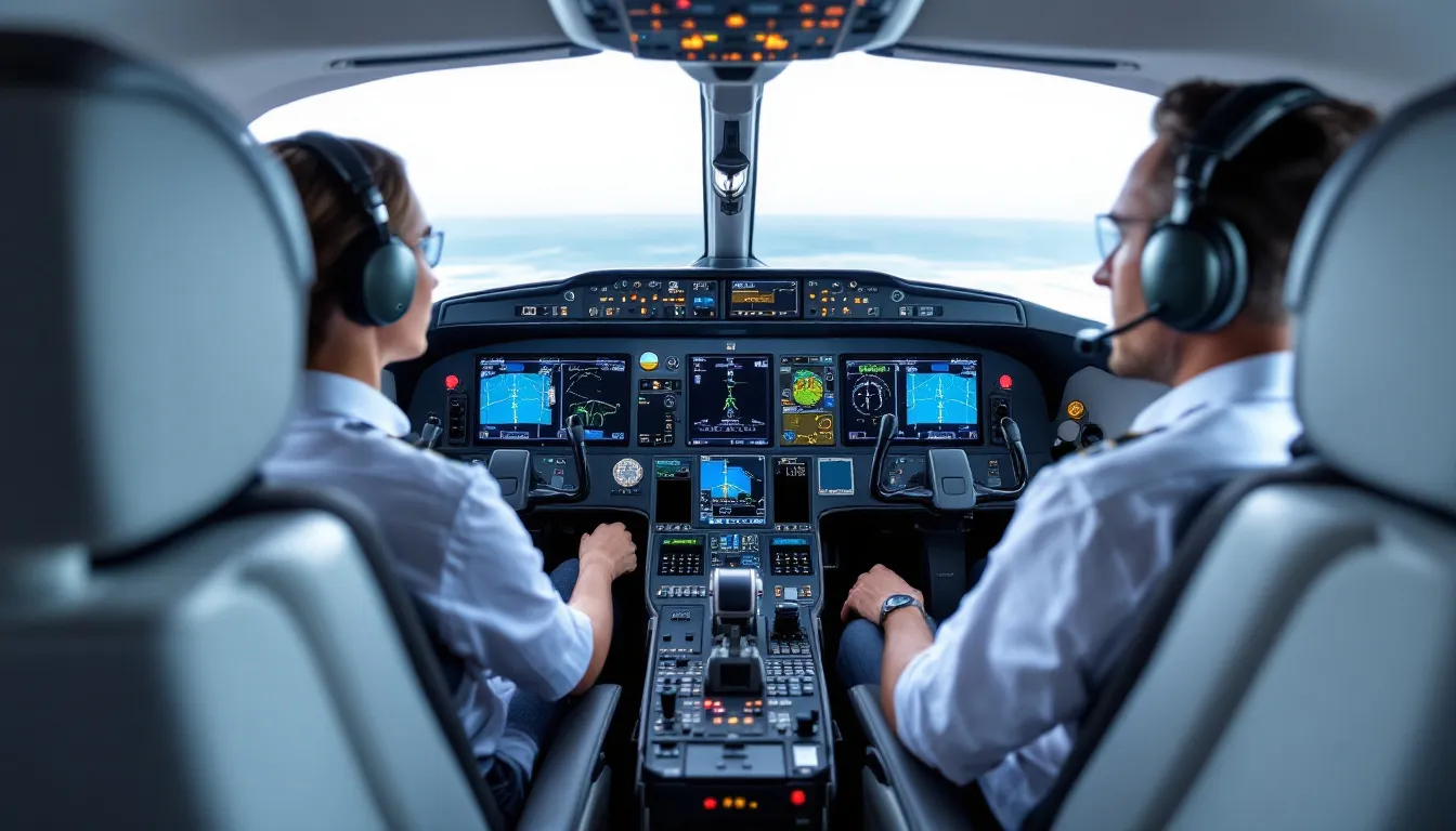 The image depicts the cockpit of a luxurious private jet, showcasing advanced digital avionics and sophisticated flight management systems. The high-tech controls and displays highlight the ultimate luxury and precision that private aircraft offer to their owners.