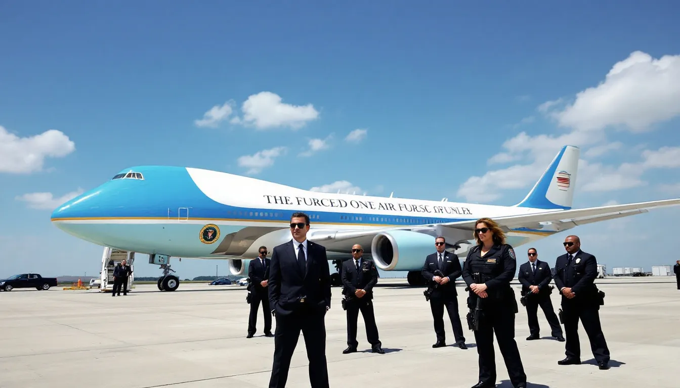 The image shows Air Force One, a Boeing 747-8 VIP, parked on the tarmac with a visible presidential security detail nearby. This luxurious private jet, often associated with the U.S. President, features an extensive security presence, emphasizing its status as one of the most expensive private jets in the world.