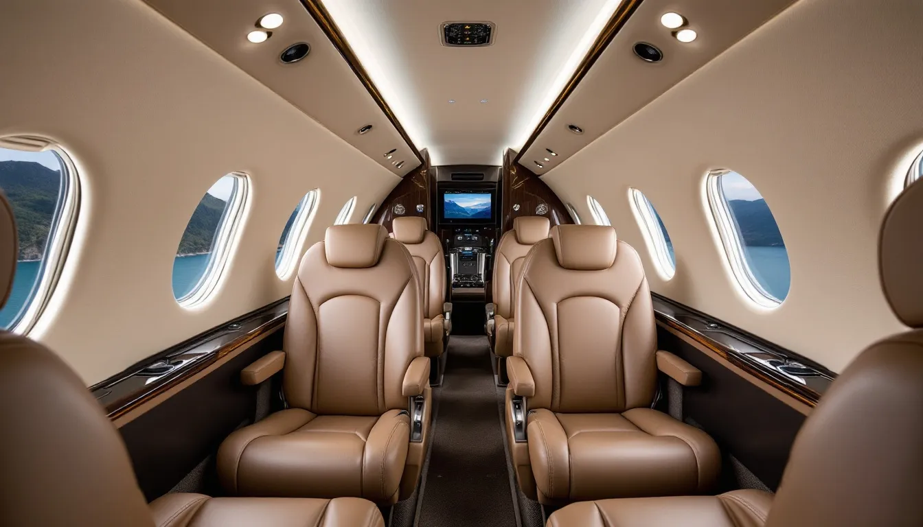 The image depicts the luxurious interior of a Citation Encore cabin, featuring plush leather seats and large windows that offer stunning views. This private aircraft transportation service is designed for comfort, accommodating up to eight passengers while ensuring a high standard of safety and great service during the flight.