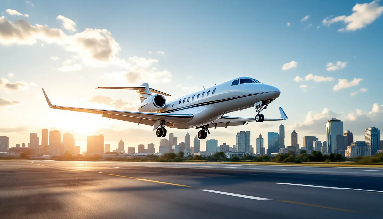 A Citation Encore aircraft takes off from a short runway, with a vibrant city skyline in the background, showcasing the luxury and efficiency of private jet transportation services. This image highlights the aircraft's capability to accommodate up to eight passengers, ideal for business aviation and private jet charters.