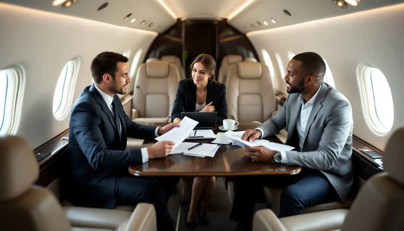 In a Citation Encore cabin, business executives are engaged in a discussion while reviewing documents, showcasing the luxury and efficiency of private aircraft transportation services. The spacious interior accommodates up to eight passengers, providing a comfortable environment for productive meetings during their flight.