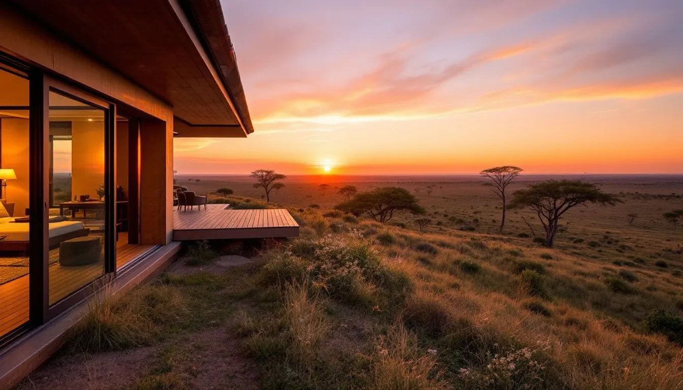 A luxury safari lodge sits majestically on a hill, offering breathtaking views of the vast African landscape bathed in the warm hues of sunset. The scene captures the essence of adventure, inviting guests to relax and enjoy the tranquil beauty of nature.