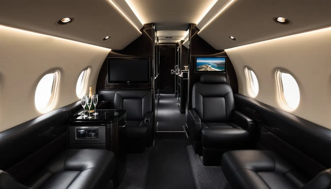 The image depicts a luxurious private jet interior featuring plush leather seating and modern amenities, designed for comfort and elegance, perfect for clients seeking an exceptional travel experience. This sophisticated setting invites guests to relax and enjoy their trip, making it an ideal choice for adventure seekers or those visiting exclusive destinations.