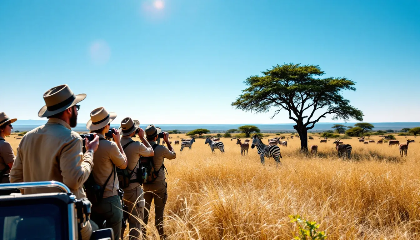 A safari expedition group is gathered in the African savannah, observing wildlife with excitement and curiosity. The scene captures adults and friends enjoying their adventure, marveling at the diverse animals in their natural habitat.