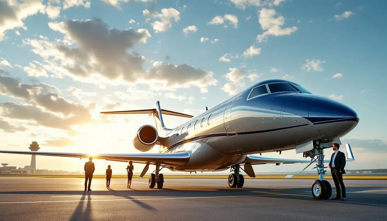 The image depicts a luxurious private jet ready for air charters, showcasing its sleek design and spacious interior, emphasizing the exceptional service provided by Mach One Air Charters. The aircraft symbolizes streamlined solutions for trip planning and managed aircraft services, ensuring cost savings and operational efficiency for clients.