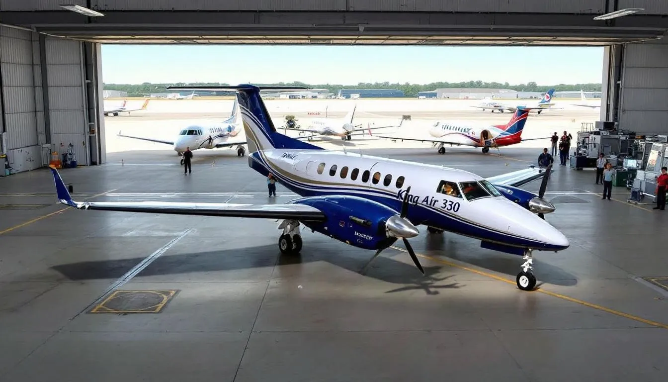 The image depicts a King Air 350 parked at an aviation terminal alongside other aircraft, showcasing its spacious and comfortable cabin designed for both business and leisure travelers. The King Air 350, a popular turboprop aircraft, features double club style seats and a built-in refreshment center, making it an ideal choice for private jet charters.