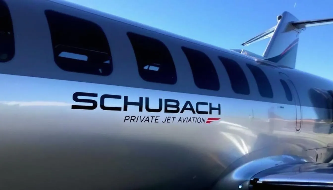 The image showcases a luxurious business aircraft from Schubach Aviation, emphasizing private jet ownership and the elegance of private aviation in San Diego. The aircraft is designed for long-range travel, reflecting the commitment to safety and comfort for global clients.