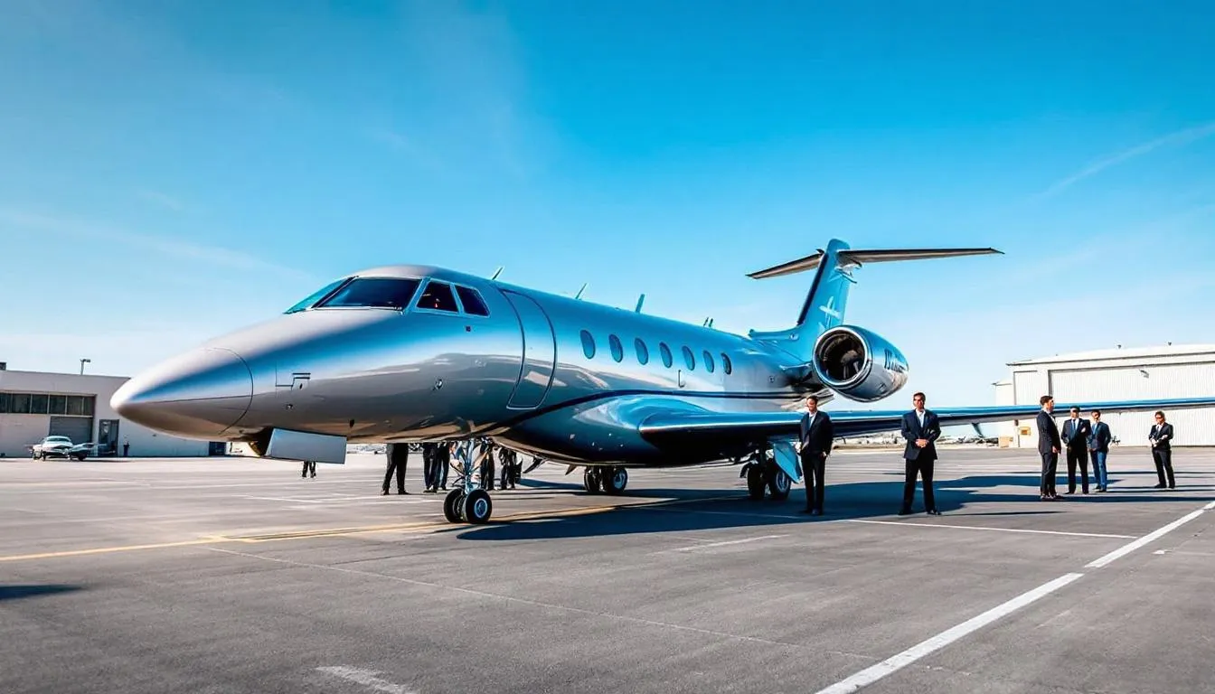 The image showcases a sleek private jet parked at a luxurious airport, symbolizing the high-end private jet aviation services offered by Atlantic Air Charter. The scene conveys a sense of comfort and sophistication, ideal for travelers seeking exemplary customer service and hassle-free travel experiences in the greater South Florida area.