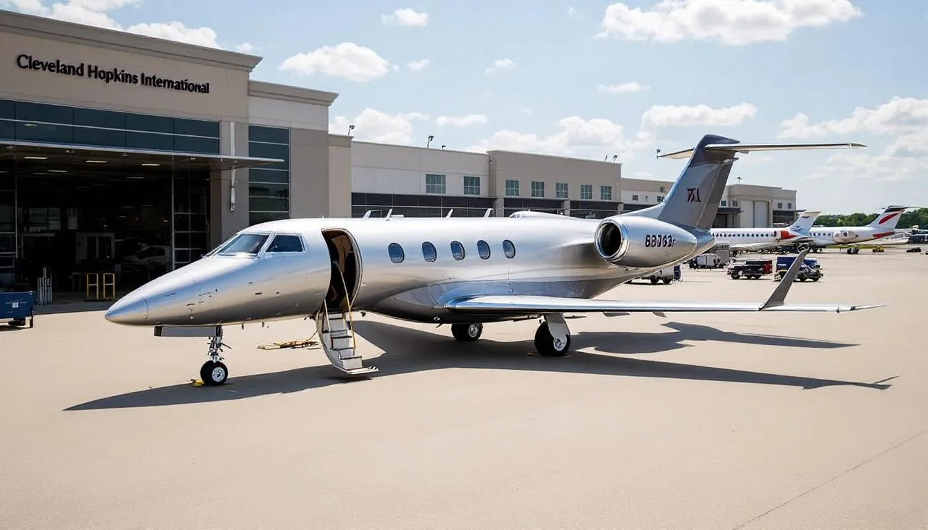 The image depicts a sleek private jet ready for takeoff at Cleveland Hopkins International Airport, symbolizing luxury private jet travel. In the background, the skyline of downtown Cleveland can be seen, emphasizing the convenience of private air charter services for business and special events in the area.