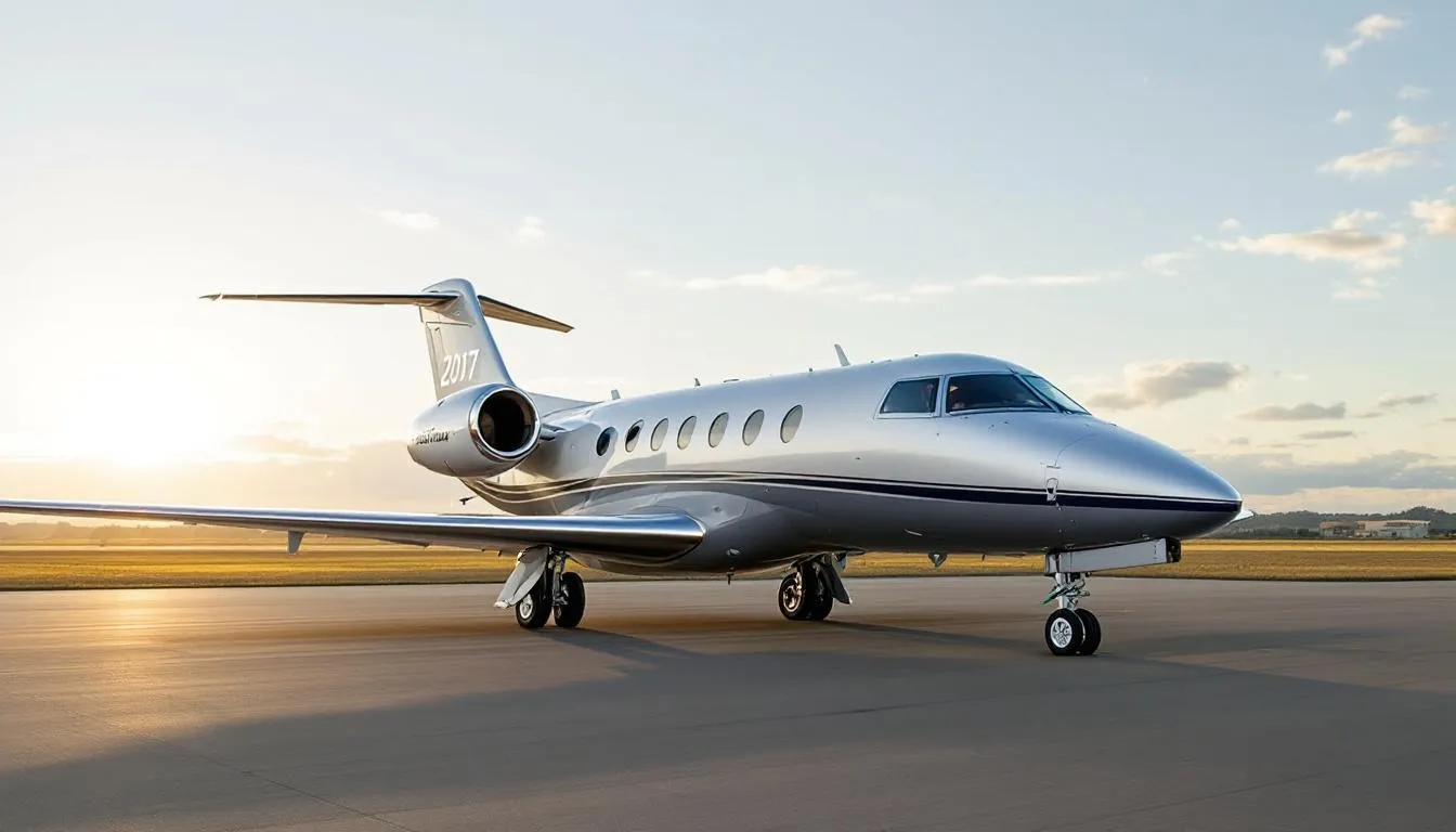 The image depicts a sleek private jet ready for takeoff at Cleveland Hopkins International Airport, symbolizing luxury private jet travel. In the background, the skyline of downtown Cleveland can be seen, emphasizing the convenience of private air charter services for business and special events in the area.