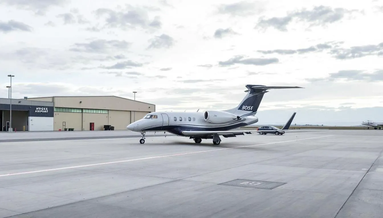 The image showcases a private jet at Boise Airport, highlighting the convenience and luxury of private jet charters for travelers. Surrounding the airport, the natural beauty of the Boise River Greenbelt and the city of Boise can be seen, emphasizing the premier choice for personalized service and flight operations in Idaho.