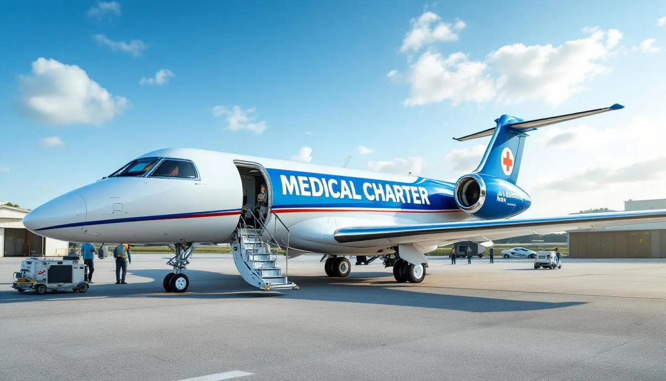 The image depicts a medical charter plane, specifically designed for air ambulance services, ready to transport patients safely. Equipped with medical staff and necessary equipment, this private aircraft ensures reliable air medical transport for individuals with special needs or medical conditions.