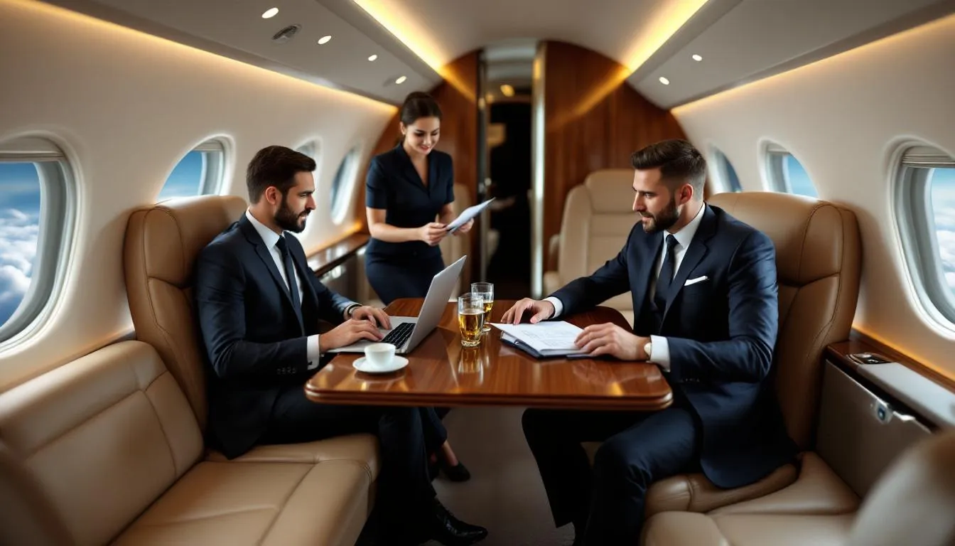 The image depicts a luxurious private jet, symbolizing the convenience and comfort of private jet charter services for business travel. It showcases the sleek design and spacious interior, highlighting the first-class experience and the freedom to travel on your schedule.
