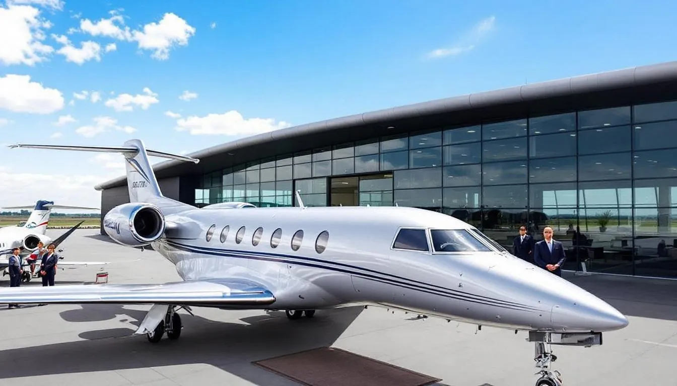 The image depicts a sleek private jet charter parked at a luxurious terminal, showcasing the convenience and comfort of private aviation. This setting highlights the elegance of private jets and the exceptional services provided by air charters worldwide, making travel a first-class experience.