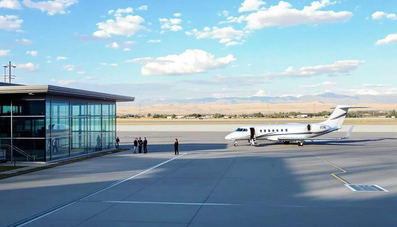 The image depicts the Colorado Springs Airport (COS), a key hub for private jet travelers, showcasing its modern facilities and easy access for both leisure and business travelers. Surrounding the airport are the scenic Rocky Mountains, providing a picturesque backdrop that highlights the natural beauty of Colorado Springs.