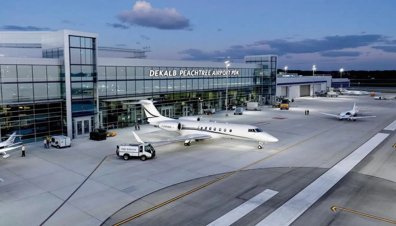 The image depicts Dekalb Peachtree Airport (PDK), a bustling hub for private jets located in the Atlanta metropolitan area. It showcases the airport's three asphalt runways and various private aircraft, emphasizing its role as a key player in private flight charter services and general aviation in Georgia.