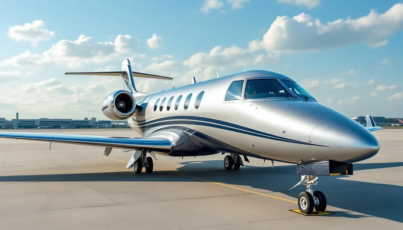 The image depicts a luxurious private jet parked at Dekalb Peachtree Airport (PDK) in Atlanta, showcasing the convenience of private jet charter flights. Surrounding the aircraft are amenities like ground transportation options and a welcoming atmosphere, emphasizing the airport's status as a key hub for private aviation in the Atlanta metropolitan area.