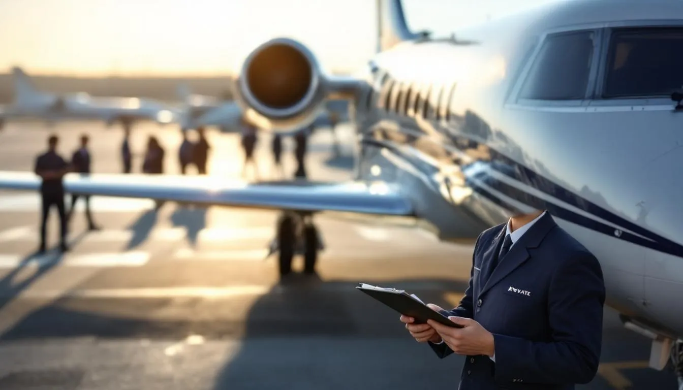 The image depicts a sleek private jet on a runway, symbolizing the advanced capabilities of private jet operators focused on sustainability and fuel savings. It highlights the integration of digital winglets and real-time data access for users, showcasing the commitment to efficient aviation solutions.