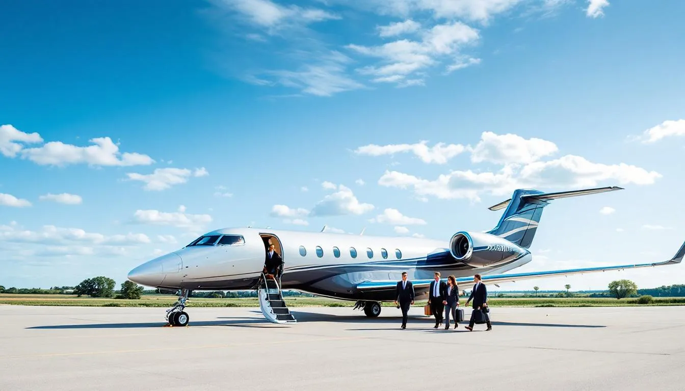 The image depicts a sleek private jet parked at Des Moines International Airport, ready for travelers seeking private charter flights. Surrounding the airport are scenic views of Des Moines, showcasing its vibrant city life and nearby attractions like the Des Moines Art Center and Gray's Lake Park.