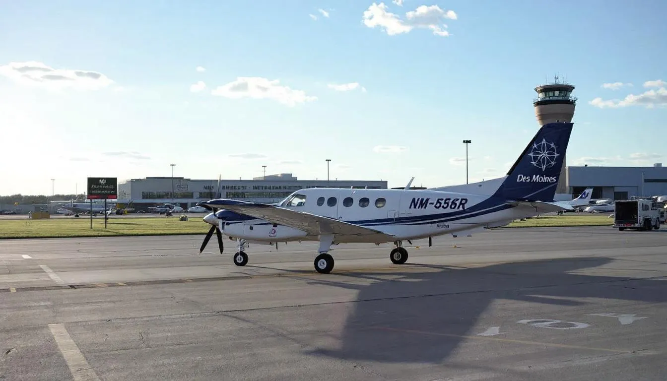 The image depicts a busy scene at Des Moines International Airport (DSM), showcasing private jet charter services ready for travelers. Passengers can be seen boarding private jets, highlighting the convenience and luxury of charter flights in Des Moines, Iowa.