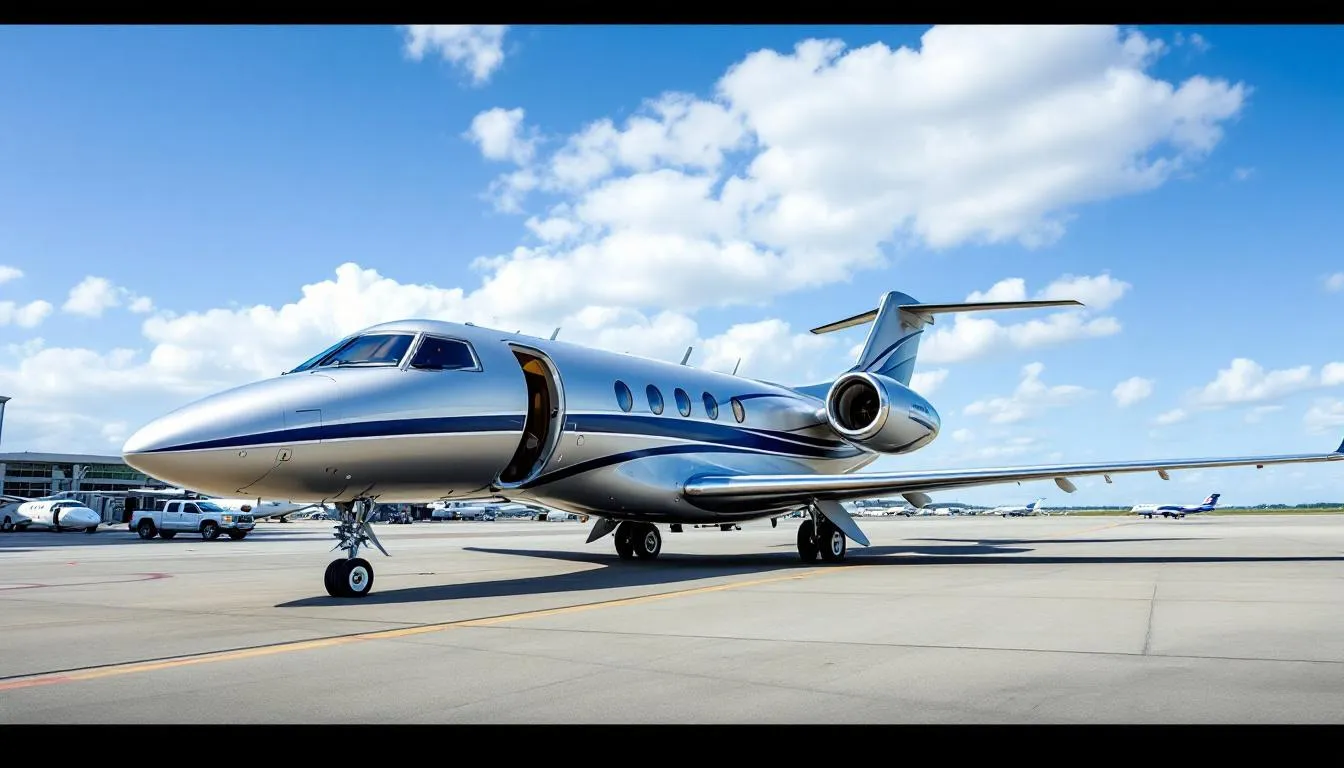 The image depicts a sleek private jet parked at a modern airport, ready for charter flights to various destinations, including Midtown Manhattan and the Hudson River area. This private jet charter service offers luxurious onboard amenities and spacious cabins, catering to business travelers and special events in New York City.