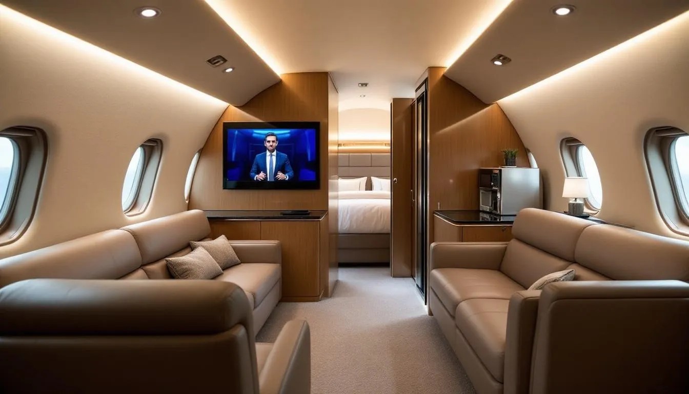 The image showcases the luxurious amenities available on New York private jet charter flights, featuring spacious cabins designed for maximum comfort, onboard services, and a stylish interior that caters to business travelers and special events. This private jet experience offers unparalleled style and convenience for those flying in and out of major airports like Teterboro and Westchester County.