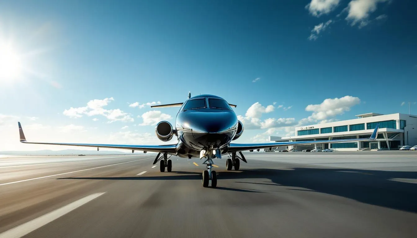 A luxurious private jet is preparing for takeoff, destined for Los Cabos International Airport (SJD), offering a seamless journey to Cabo San Lucas. Inside, passengers enjoy comfortable seating and a custom sound system, ensuring an incredible experience on their way to the stunning beaches and resorts of Cabo.