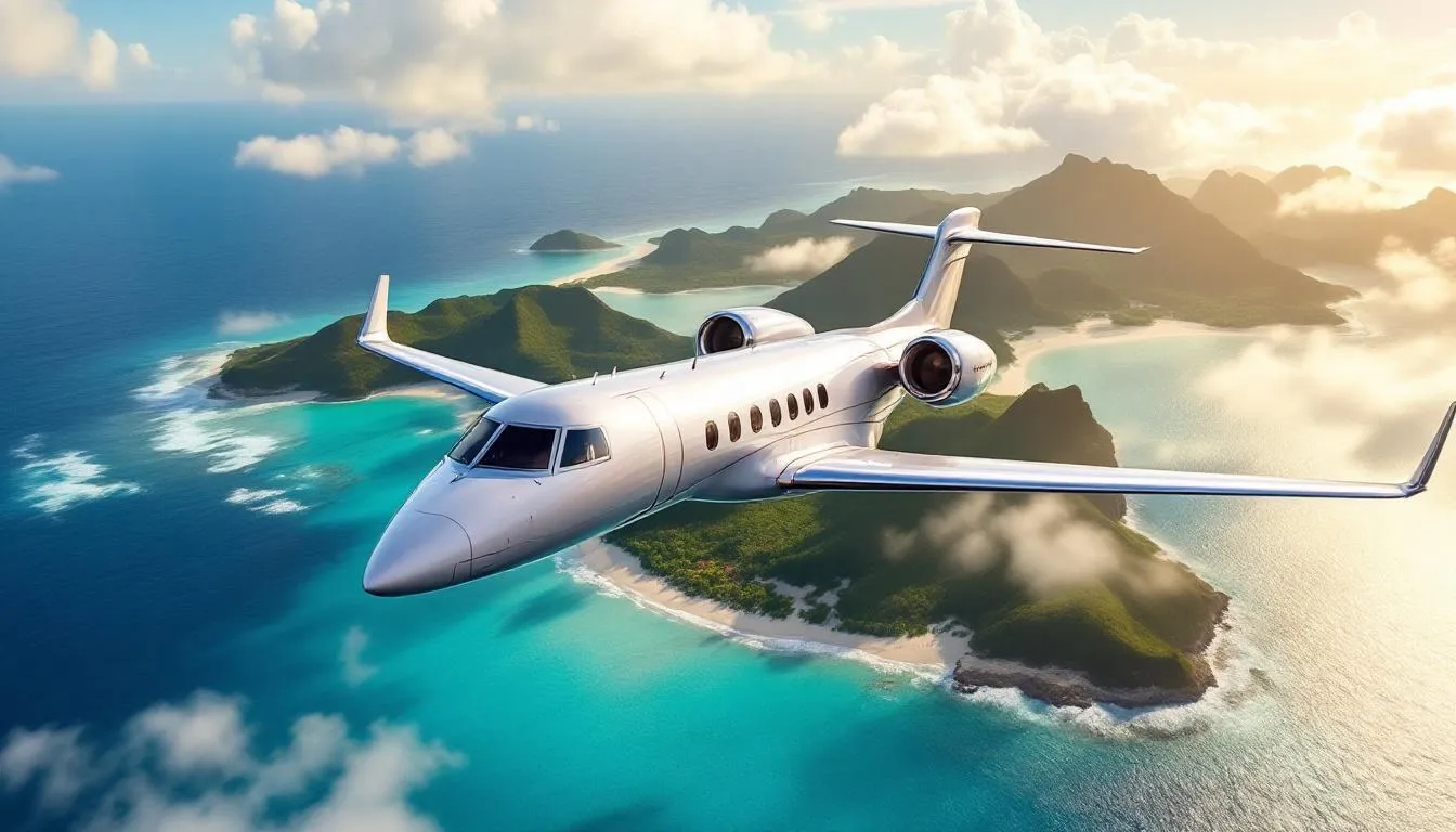 The image depicts a luxurious private jet ready for departure, symbolizing a charter flight to Jamaica, specifically to popular destinations like Montego Bay and Ocho Rios. The aircraft is shown at a private terminal, highlighting the convenience and exclusivity of private jet charter services for travelers seeking a seamless travel experience.