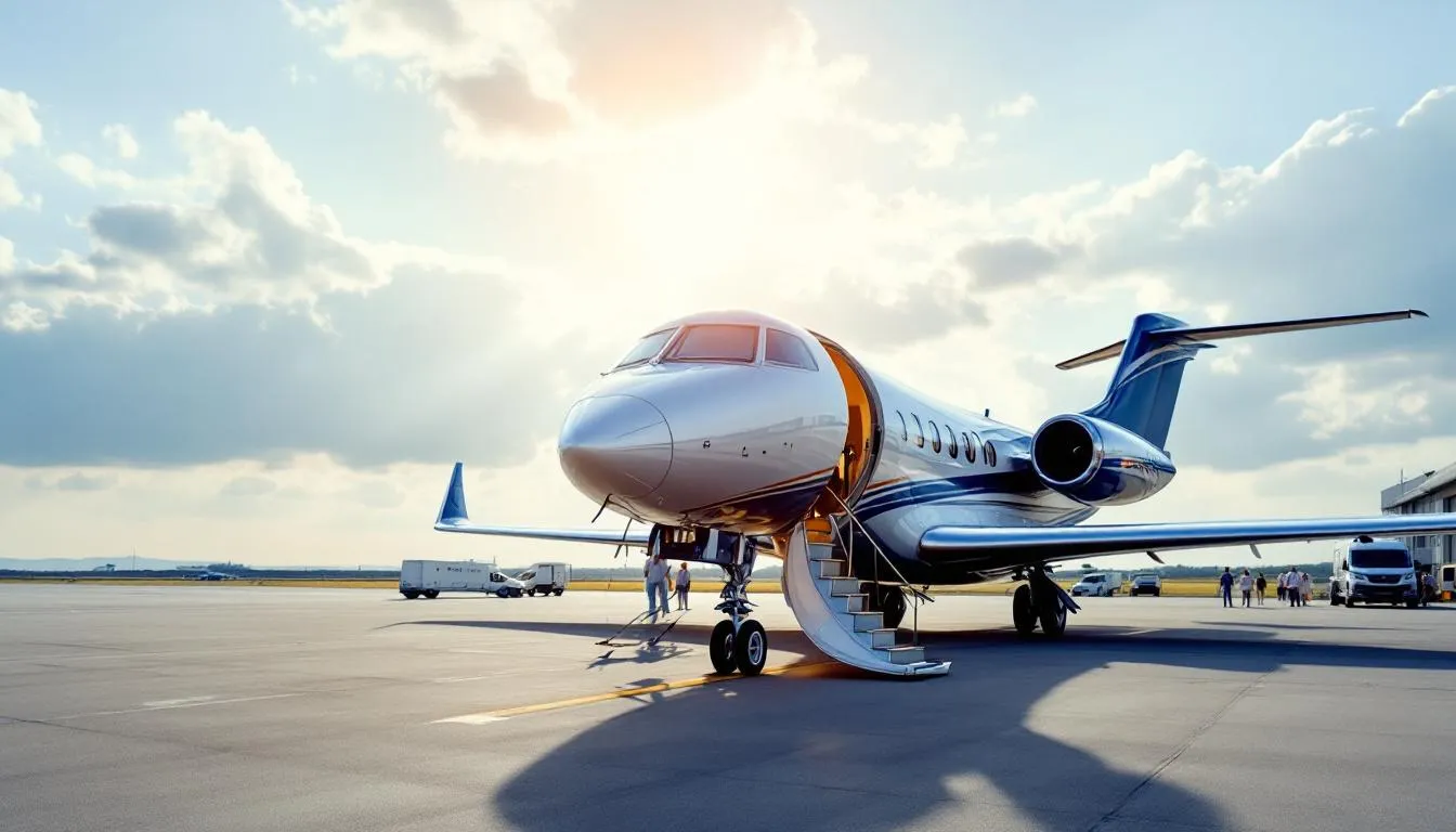 A luxurious private jet is parked at a private terminal, ready for charter flights to Jamaica, specifically to popular destinations like Montego Bay and Ocho Rios. The aircraft features modern amenities and a professional crew, ensuring a comfortable and safe travel experience for clients seeking private jet charter services.