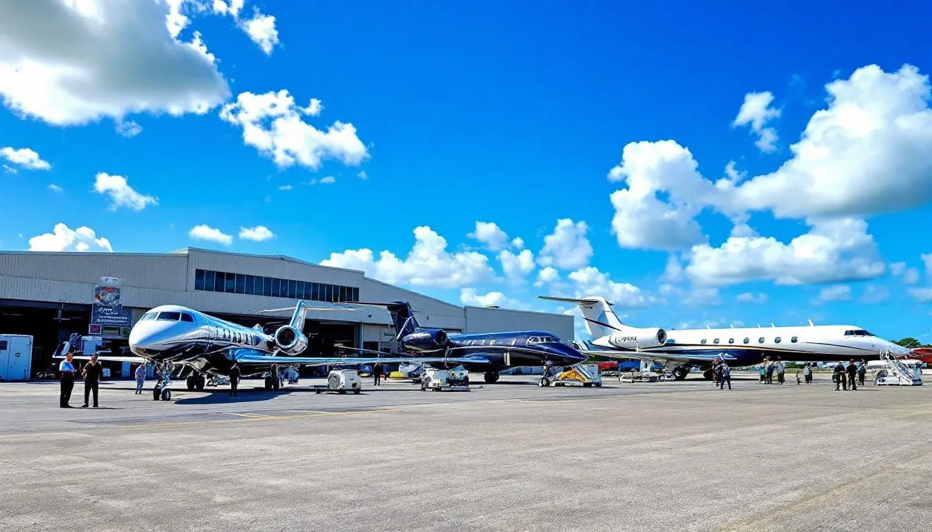 The image depicts several private jets parked at Queen Beatrix International Airport (AUA) in Aruba, showcasing the luxury of private jet charter flights. The scene highlights the vibrant atmosphere of the airport, a key hub for travelers seeking personalized service and charter flights to this Caribbean paradise.