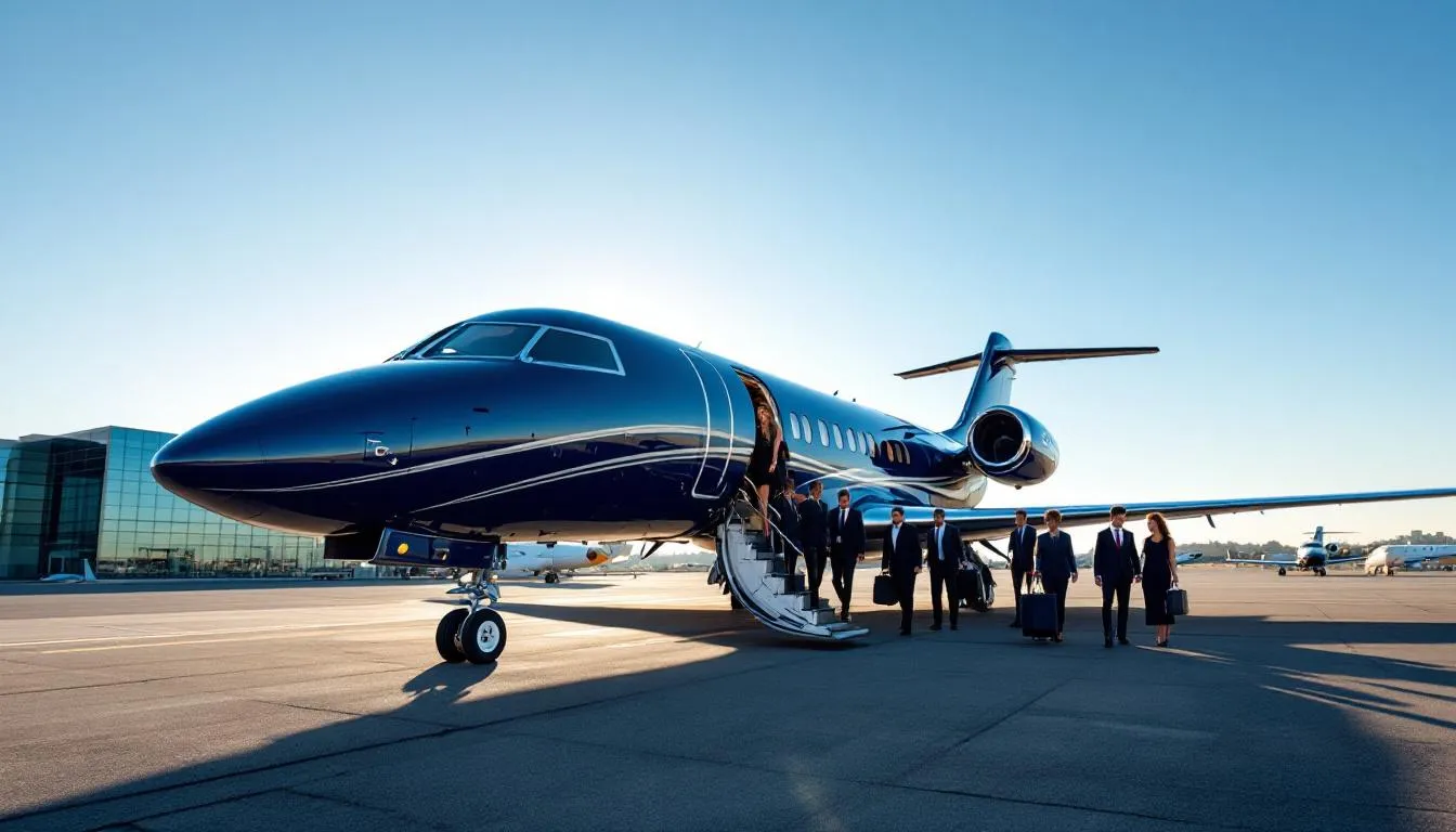 The image depicts a luxurious private jet soaring through a clear blue sky, en route from New York to the stunning Turks and Caicos Islands. Below, the vibrant turquoise waters and pristine beaches of the Caribbean create a picturesque backdrop, highlighting the allure of this tropical paradise.