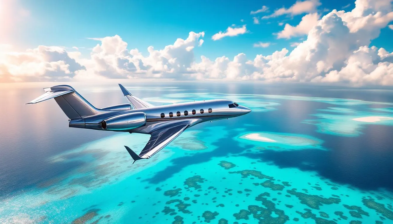 A luxurious private jet is soaring through the sky on its way to the stunning Turks and Caicos Islands, where travelers can enjoy pristine beaches and vibrant coral reefs. The image captures the essence of private jet travel, highlighting the exclusive experience of flying to a tropical paradise known for its crystal clear turquoise waters and secluded beaches.