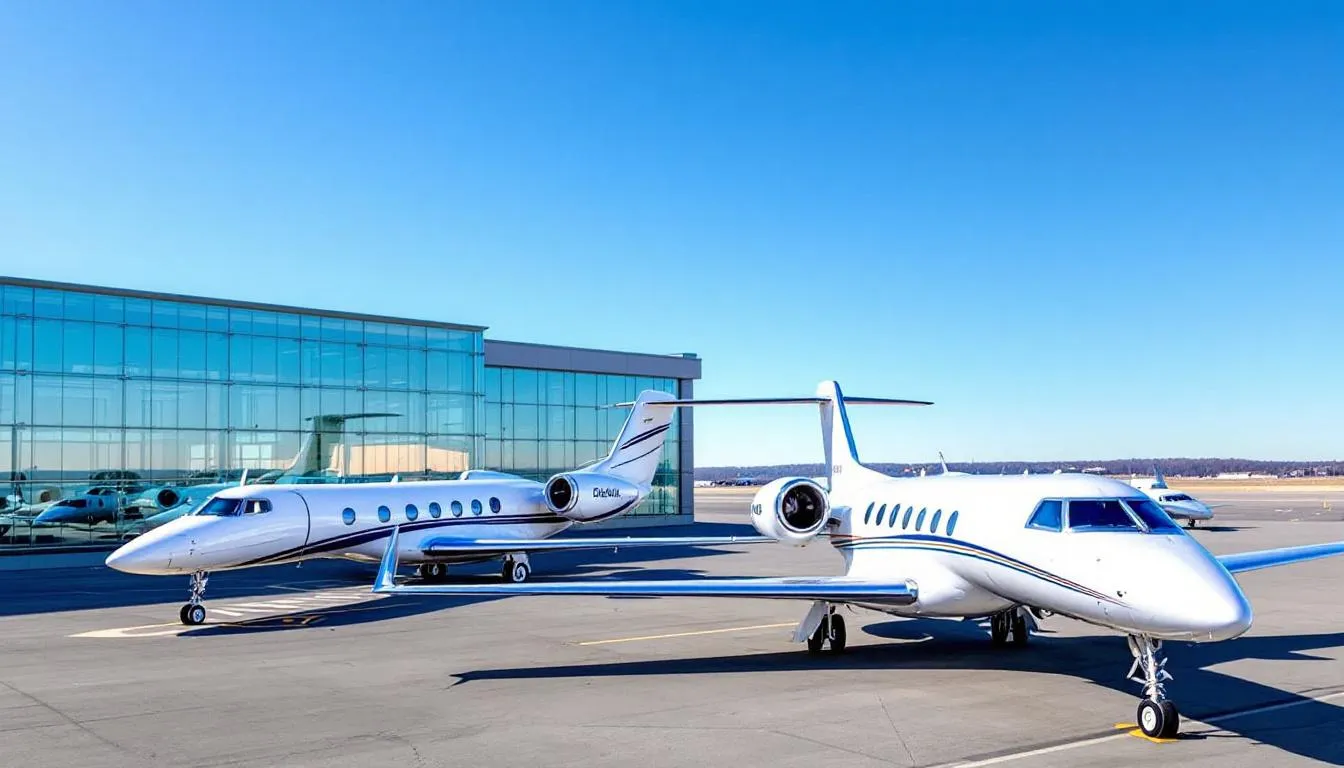 The image depicts a fleet of private jets parked at Boston Logan International Airport (BOS), showcasing various aircraft types including light jets and heavy jets, ready for discerning travelers seeking luxury private jet travel. The scene highlights the convenience of private jet charters for flights from Boston to Miami, emphasizing the impeccable safety record and tailored travel experiences available for clients.