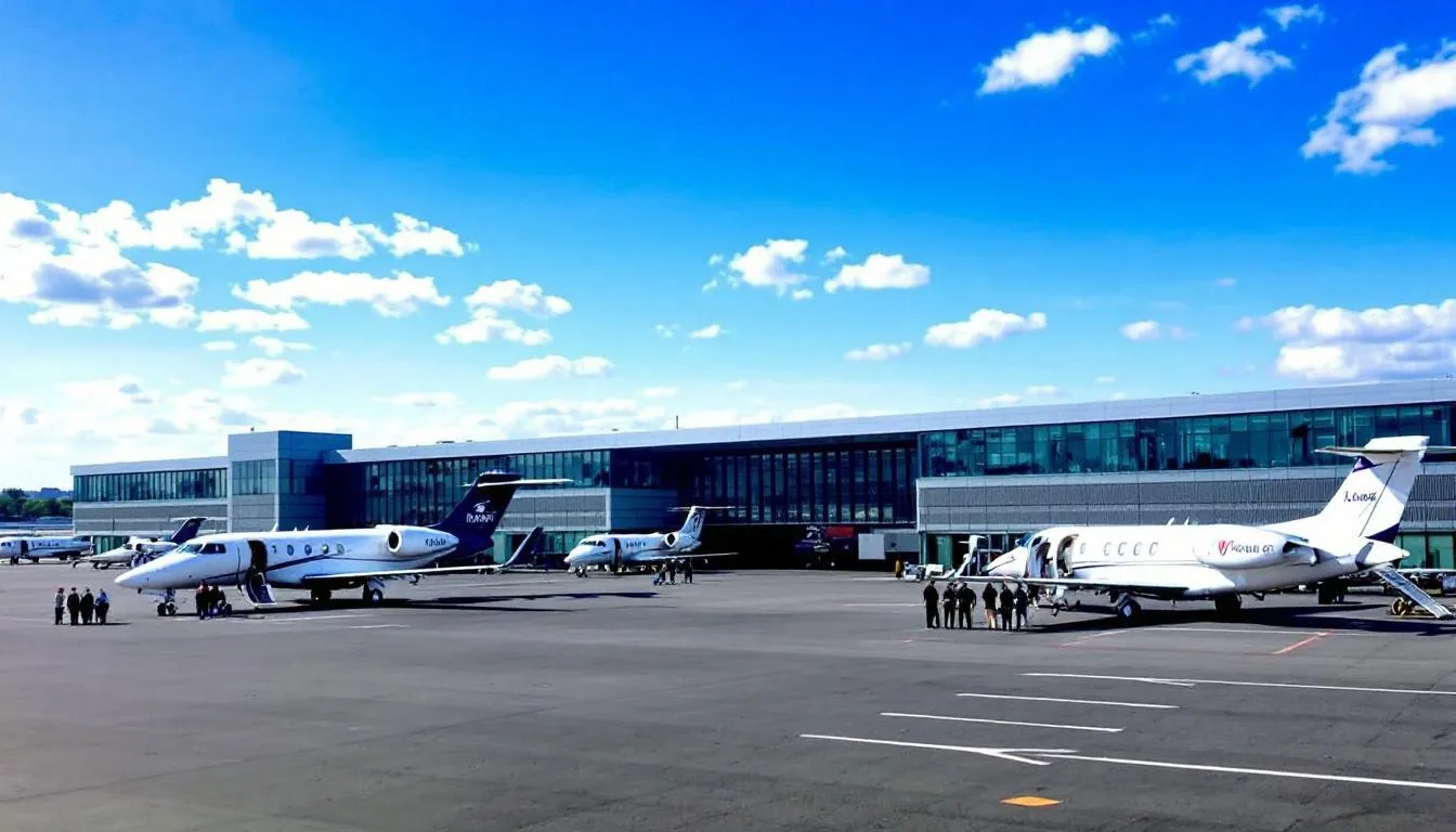 The image shows a lineup of sleek private jets parked at a New York departure airport, ready for travelers seeking a luxury flying experience. These private jet charters offer convenient access for flights from New York to Miami, providing a stylish and efficient travel option for passengers.