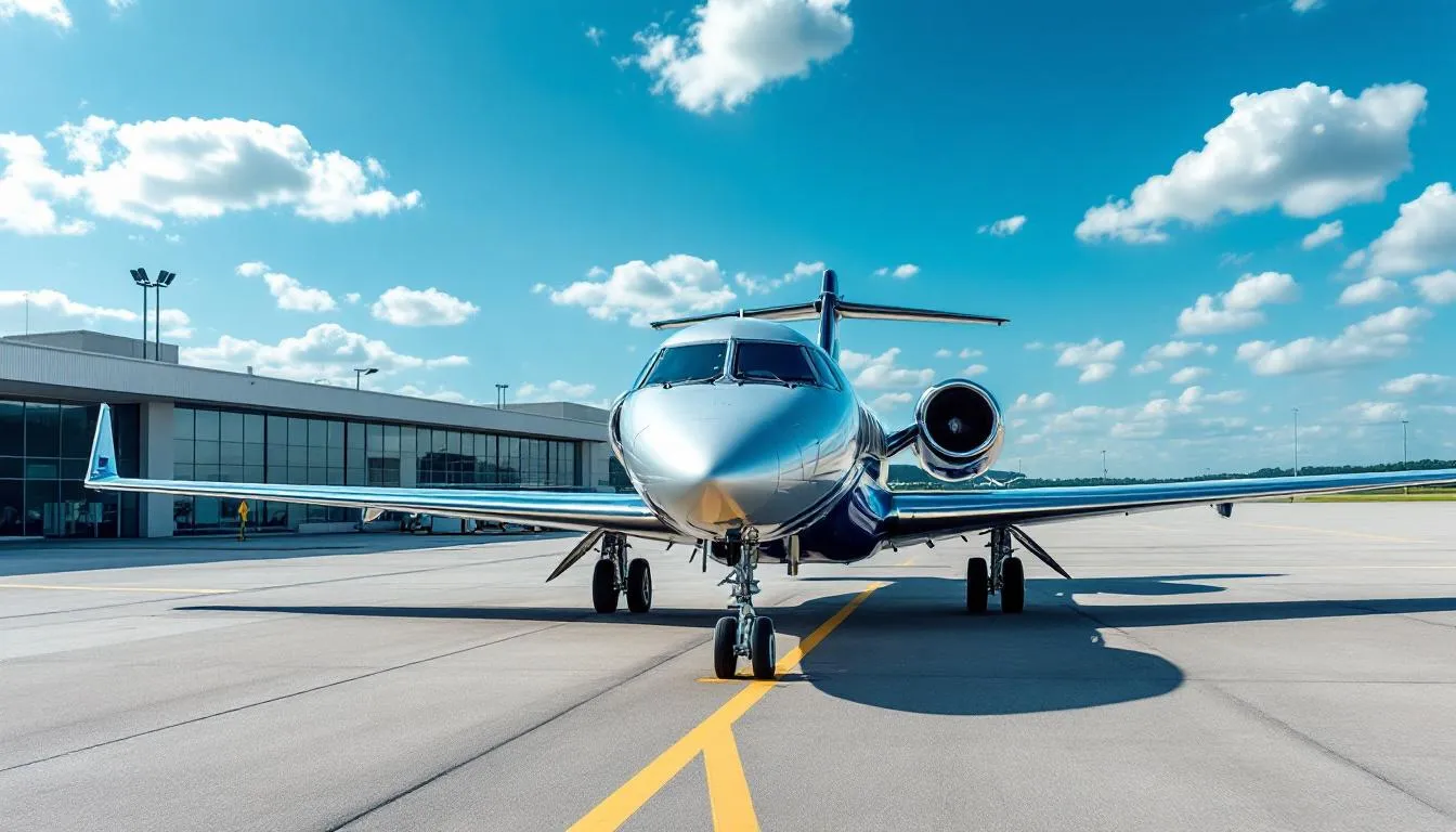 An image depicting the process of booking a private jet charter from Oakland to Las Vegas, featuring a sleek midsize jet ready for takeoff at an airport, with luggage being loaded and a scenic view of the Las Vegas skyline in the background. This visual emphasizes the convenience and luxury of private flights for small groups traveling to their destination.