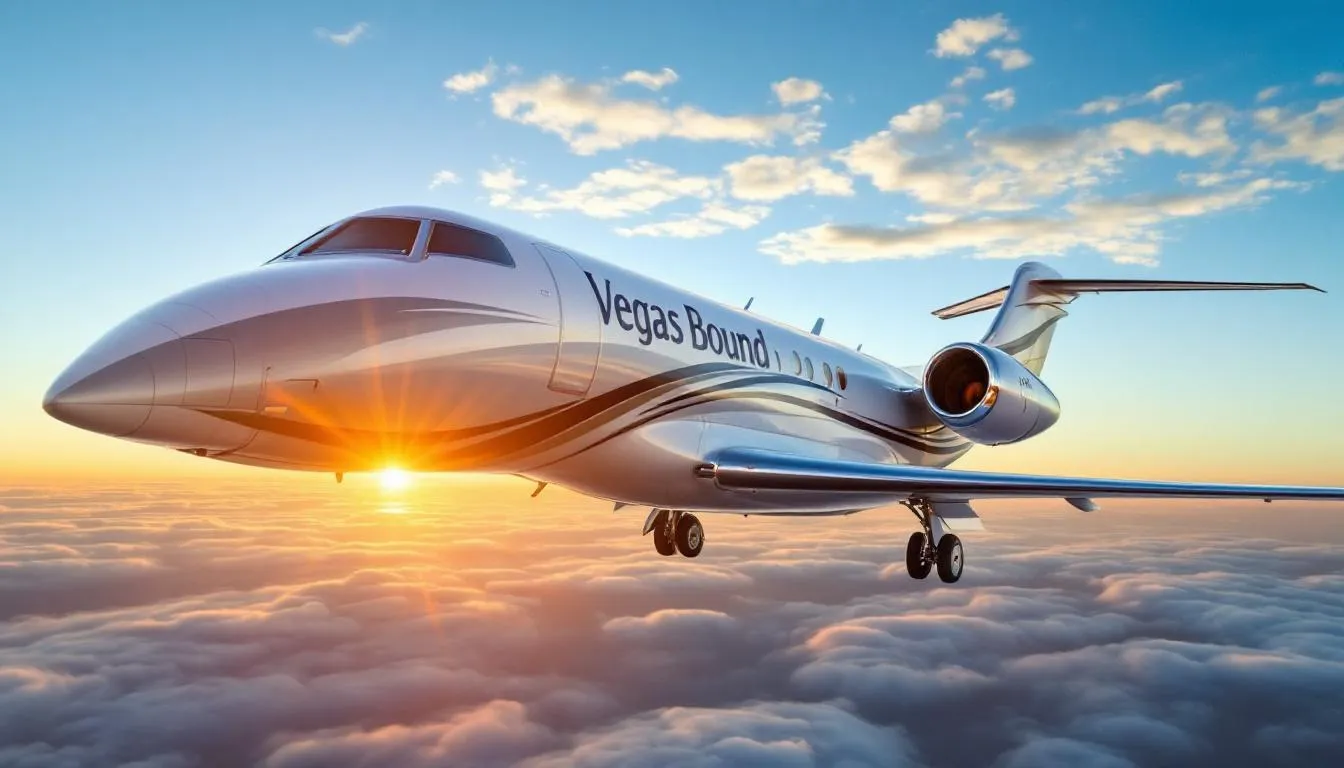 The image depicts a sleek private jet, specifically a midsize jet like a Learjet or Beechcraft Baron, ready for departure from Oakland Airport to Las Vegas. The aircraft is designed for small groups, showcasing the luxury and convenience of private flights, with ample space for luggage and stylish seating.