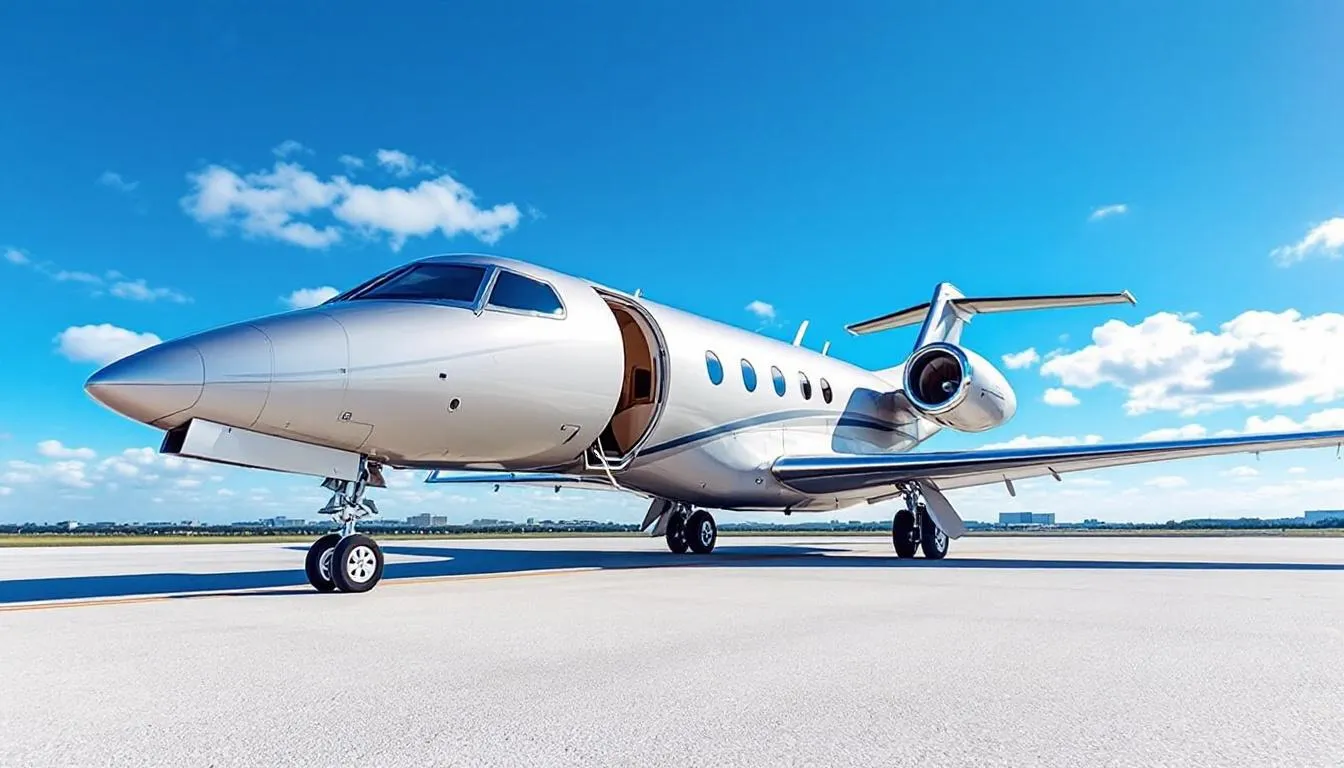 A luxurious private jet is parked at Orlando International Airport, ready for travelers to embark on a private charter flight from Miami to Orlando. The image captures the sleek design of the jet, symbolizing the convenience and comfort of private jet charters for those heading to attractions like Walt Disney World and Universal Studios.