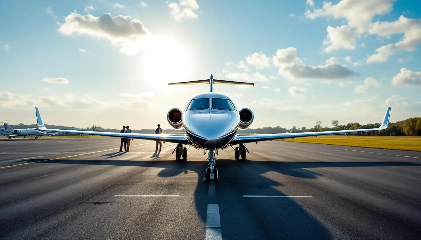 The image depicts a sleek private jet preparing for takeoff at an airport, symbolizing luxury air travel from Miami to Orlando. In the background, you can see the runway and airport facilities, highlighting the convenience of private jet charters for travelers heading to destinations like Walt Disney World and Universal Studios in Orlando.