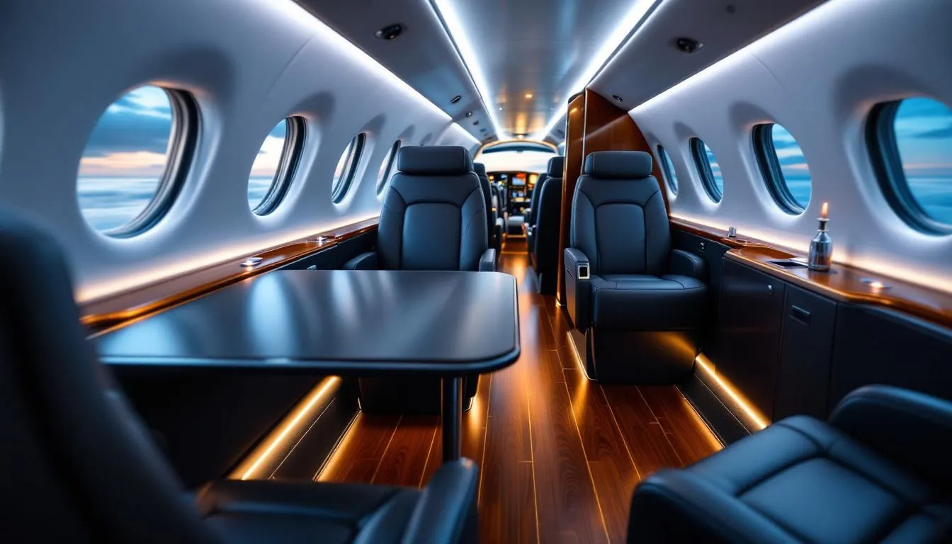 The image depicts a luxurious private jet from a charter plane business, showcasing the sleek exterior and spacious interior designed for comfort and convenience. This aircraft is ideal for business travelers seeking personalized service and the benefits of private flights, allowing them to fly anywhere in the world with peace of mind.