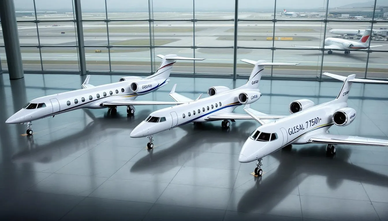 The image features several private jet airplane models parked at an airport, showcasing various designs and sizes. These aircraft, ideal for family vacations, highlight the spacious interiors and impressive performance that many families look for in the best family planes.