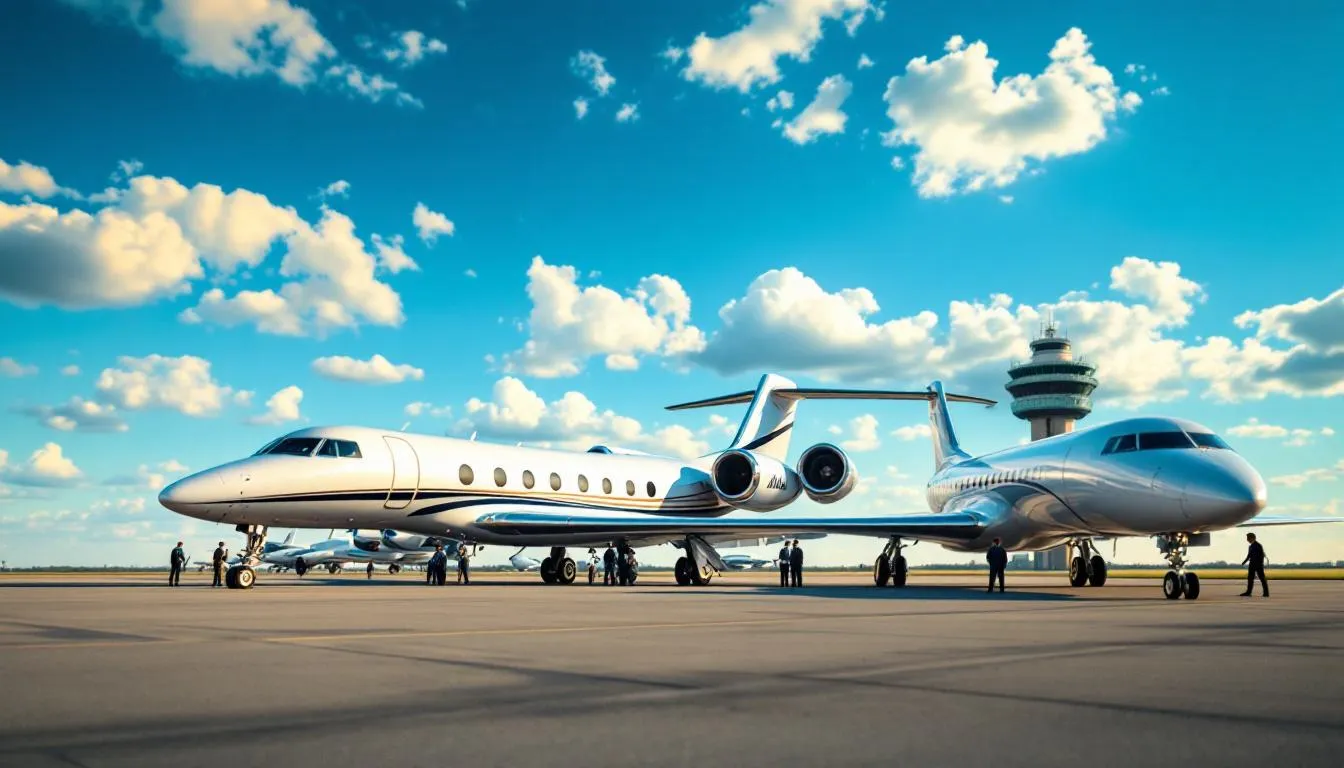 The image depicts a line of private jets parked at an airport, showcasing the luxury of private aviation. These aircraft are part of the Vista Members Fleet, highlighting the benefits and comfort offered to customers by companies like Vista America and Western Air Charter.