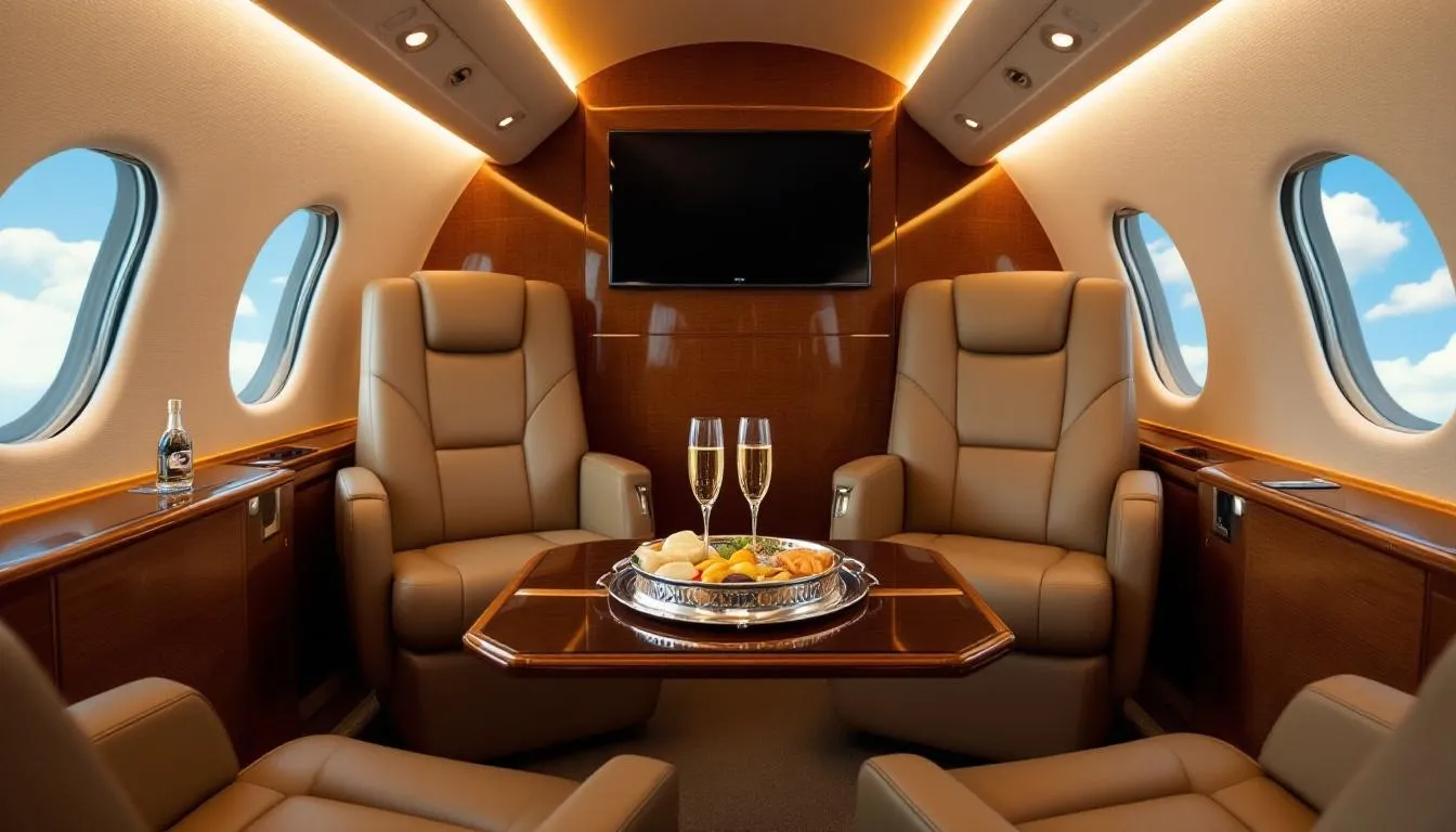 The image showcases a luxurious private jet operated by Select Jet Services, highlighting the comfort and elegance of their Vista Members fleet. It emphasizes the premium travel experience offered to customers, providing access to exclusive benefits and solutions for business and leisure flights.
