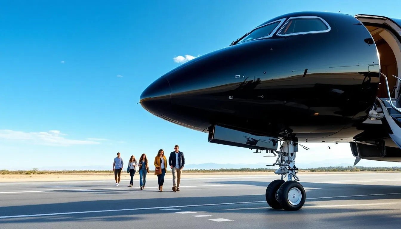 The image depicts a luxurious semi-private jet at the North Las Vegas Airport, showcasing its sleek design and spacious cabin, ready for business travelers heading to Las Vegas. Passengers are seen enjoying attentive service as they prepare for an affordable and convenient flight, highlighting the perks of private aviation.