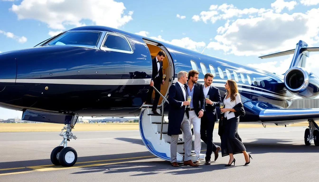 The image depicts a luxurious semi-private jet at the North Las Vegas Airport, showcasing its sleek design and spacious cabin, ready for business travelers heading to Las Vegas. Passengers are seen enjoying attentive service as they prepare for an affordable and convenient flight, highlighting the perks of private aviation.