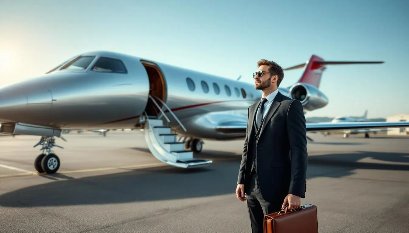 The image depicts a luxurious private jet ready for charter flights, symbolizing the ultimate comfort of traveling from New York to Las Vegas. The aircraft, designed for luxury air travel, showcases spacious seating arrangements, perfect for VIP airliners and extravagant travelers heading to Sin City.